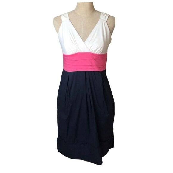 BCBGMaxazria  Cream, Pink, and Navy Color block Sleeveless Sheath Dress 4 - Picture 2 of 7